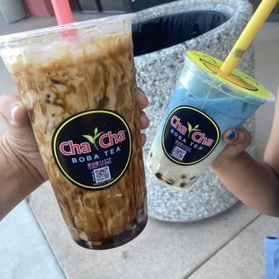 Large Brown sugar tiger milk tea (delicious but a tad sweet) and blue butterfly drink (kids size)