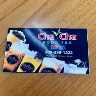 Cha Cha&apos;s boba tea&apos;s business card