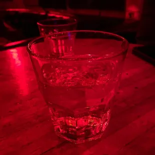 a glass of water on a wooden table