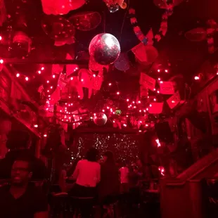 a disco ball suspended from the ceiling