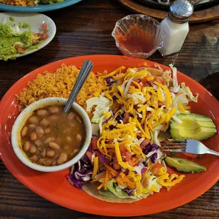Shrimp taco plate. The rice and charro beans were delicious.
