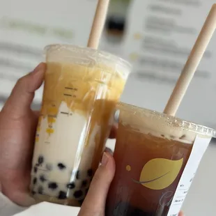 Peach Black Tea (Medium) and Caramel Milk Latte (Large)