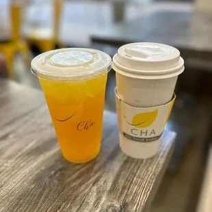 Mango green tea and hot almond milk tea