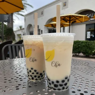 Royal milk tea + a scoop of almond powder, honey green milk tea