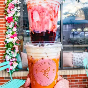 Thai cheese cap tea and brown sugar boba with strawberry syrup