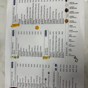 a menu for a tea shop