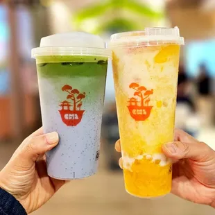 Blueberry Oat Milk Matcha Latte and Mango Mango