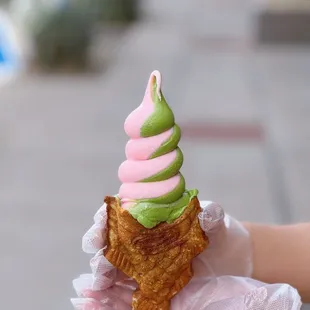 Strawberry Matcha Soft-serve in Taiyaki Cone