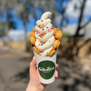 Birthday cake bubble waffle with vanilla ice cream