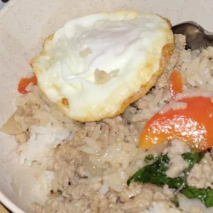Spicy Basil Rice Bowl (this one is Mild). This is half, or one portion. Each box for take out has two portions in it.