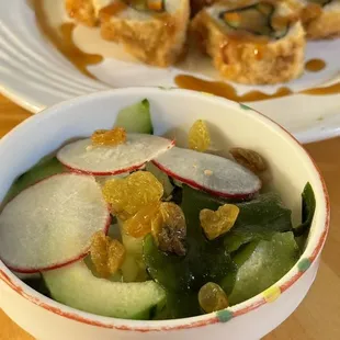 cucumber salad and Cha - Ya Roll