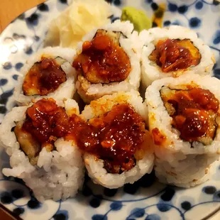 Spicy Eggplant roll (vegan). Wouldn't call it spicy, but I would call it delicious!