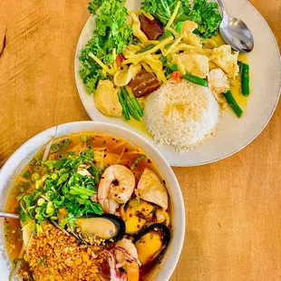 Green Curry with chicken and Tom Yum Noodle Soup with seafood