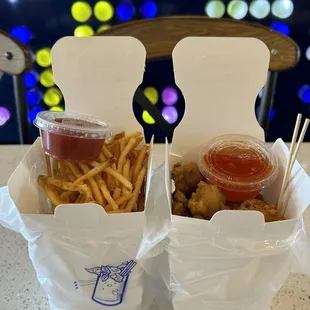Popcorn Chicken and Garlic Fries
