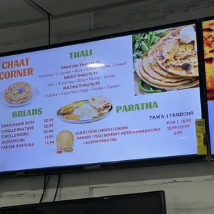 the menu of chaat corner