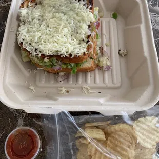 Jumbo Vegetable Grilled Cheese Sandwich with sauce a bag of chips