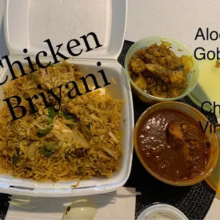 Chicken Biryani , Aloo gobi , Chicken Vindaloo Chicken =$39 total
