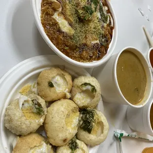 Dosa chat, yogurt puffs and veggie korma.