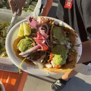 a person holding a plate of food