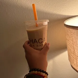 Delicious almond milk tea with boba!!!!