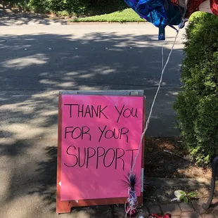 a thank you for your support sign