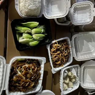 Garlic marinated Shanghai bok choy, Shanghai soup dumplings, pork lo mein and beef chow fun.