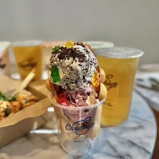 Orea + Strawberry Ice Cream Egg Puff w/ Orea crumbs + Gummy Bear