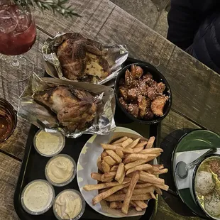 half chicken, fried, sweet potatoes, chicken and dumplings