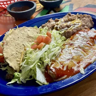 Relleno w/red, taco and beans.