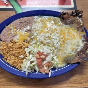Chile Relleno, cheese enchilada, beans and rice