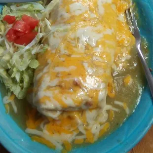 Smothered Green Chile Burrito at Cha Chi's in Dona Ana. High on the heat today, but excellent! Rate it an "A."
