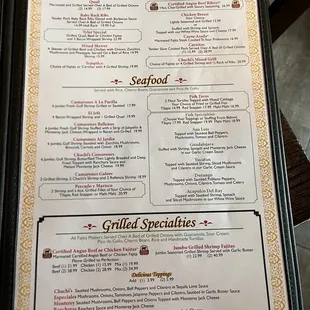 Specialties menu