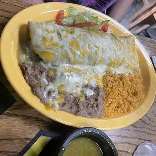 Chile con carne burrito with green chile