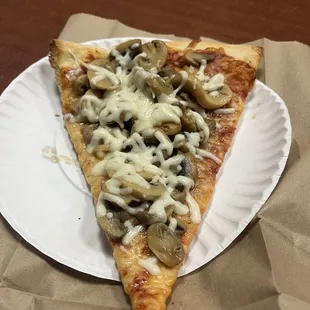 a slice of pizza on a paper plate