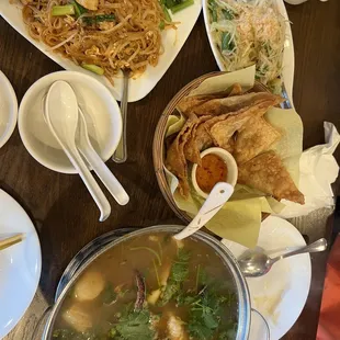 Chicken Pad Thai, Shrimp Papaya Salad, Tom Yum Seafood Soup, and Crispy Fried Wontons
