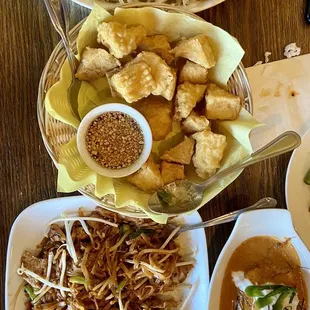 Pad Thai, papaya salad, fried tofu, panang curry salmon