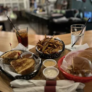 Grilled Fromage w/ Added PulledPork and Bbq Sauce w/Ketchup, Large Fry, Bistro Sauce, Ranch, 3 Beef Sliders
