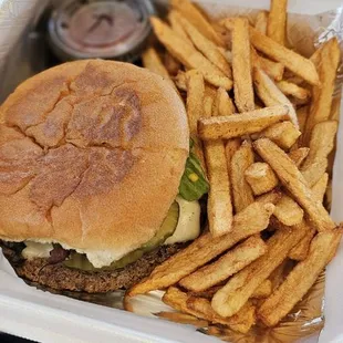 Single patty burger with my topping of my choice and fresh cut fries.
