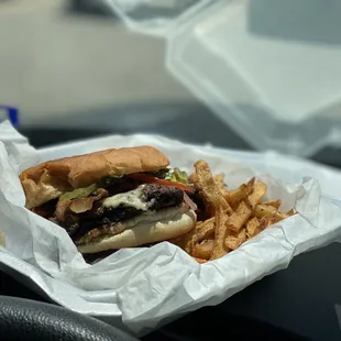 a hamburger and french fries