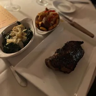 Rib eye with spinach and onion and Chadwick potatoes