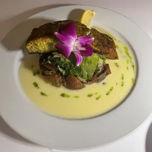 DIJON &amp; HERB CRUSTED ATLANTIC SALMON. Smashed Potatoes, Sautéed Escarole, Broken Chive Beurre Blanc