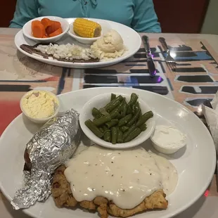 Chicken fried steak, sweet potato and green beans