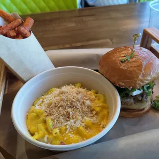 Greek Mushroom Mamma, Mac and Cheese, and Sweet Potato Fries : o )