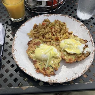 Eggs Benedict with the vegetarian zucchini patty substitute.  Very tasty.