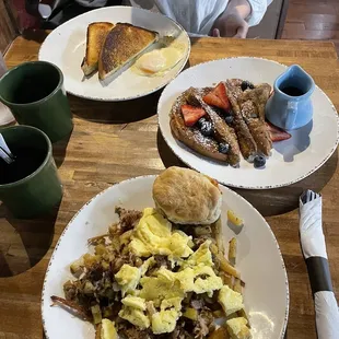 Carnitas diner Diner Hash and Eggs. Brioche French Toast with a side of over east eggs and toast.