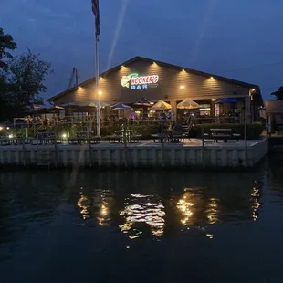Chagrin Tavern and Hooker's Bar from the boat.  As you can see, with the slow service we missed the sunset.