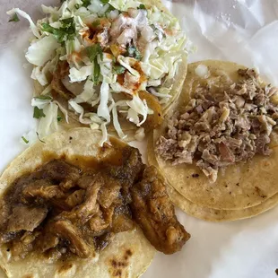 Top (clockwise): fish taco (just ok, not spectacular); buche taco; and chicharon taco