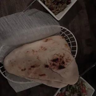 Zeyton parvardeh, salad, naan