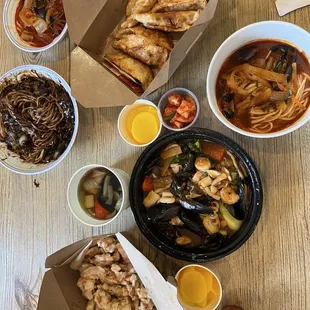 Spicy seafood noodle soup, Black bean noodle, Eight flavors of seafood and veggies, Fried dumplings, Sweet &amp; sour pork