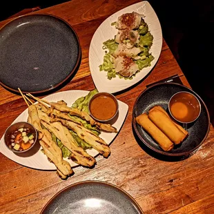 Satay, Home Style Peanut Dumplings, Deep Fried Vegetable Spring Rolls